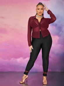 SHEIN SXY 大碼薄透網紗襯衫不附帶胸罩 - 酒紅色 - 查看 4