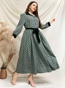 SHEIN Unity 大碼滿版印花燈籠袖腰帶襯衫洋裝 - 彩色 - 查看 1