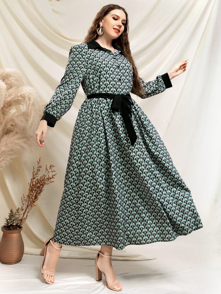 SHEIN Unity 大碼滿版印花燈籠袖腰帶襯衫洋裝 - 彩色 - 查看 1