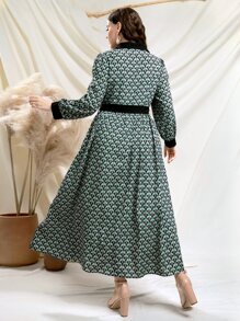 SHEIN Unity 大碼滿版印花燈籠袖腰帶襯衫洋裝 - 彩色 - 查看 2