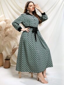 SHEIN Unity 大碼滿版印花燈籠袖腰帶襯衫洋裝 - 彩色 - 查看 3