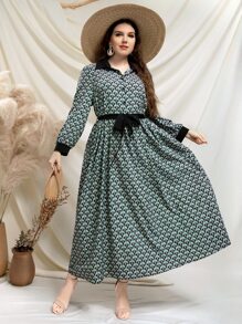 SHEIN Unity 大碼滿版印花燈籠袖腰帶襯衫洋裝 - 彩色 - 查看 4