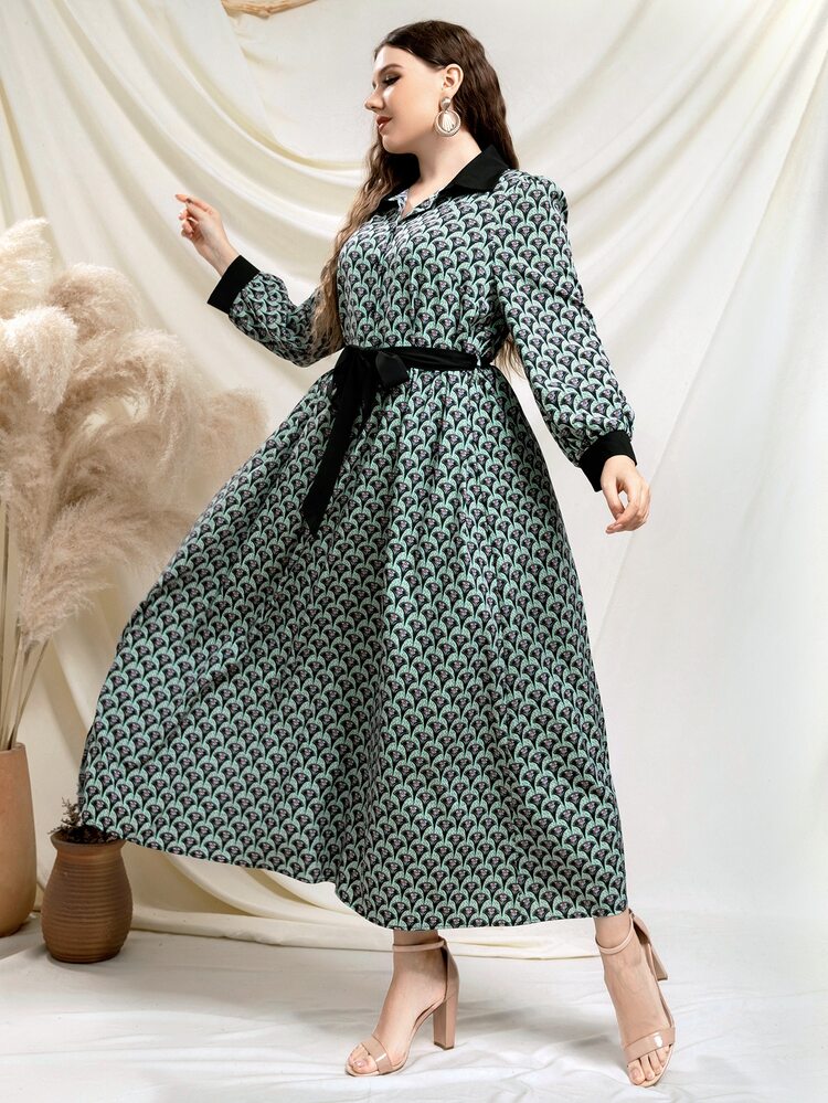 SHEIN Unity 大碼滿版印花燈籠袖腰帶襯衫洋裝 - 彩色 - 查看 5