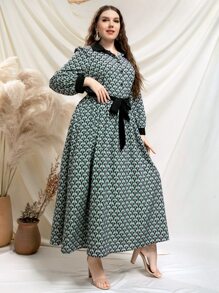 SHEIN Unity 大碼滿版印花燈籠袖腰帶襯衫洋裝 - 彩色 - 查看 6