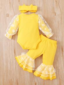 Conjunto De Mangas Con Volantes De Malla Floral A Contraste Para Bebé Niña Con Pantalones Acampanados Y Diadema A Juego