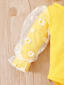 Conjunto De Mangas Con Volantes De Malla Floral A Contraste Para Bebé Niña Con Pantalones Acampanados Y Diadema A Juego