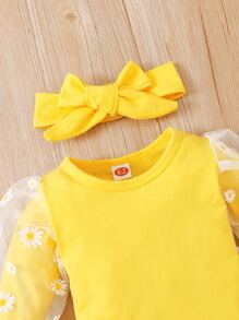 Conjunto De Mangas Con Volantes De Malla Floral A Contraste Para Bebé Niña Con Pantalones Acampanados Y Diadema A Juego