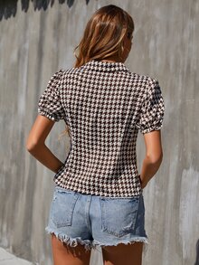 千鳥格印花鏤空泡泡袖襯衫 - 彩色 - 查看 2