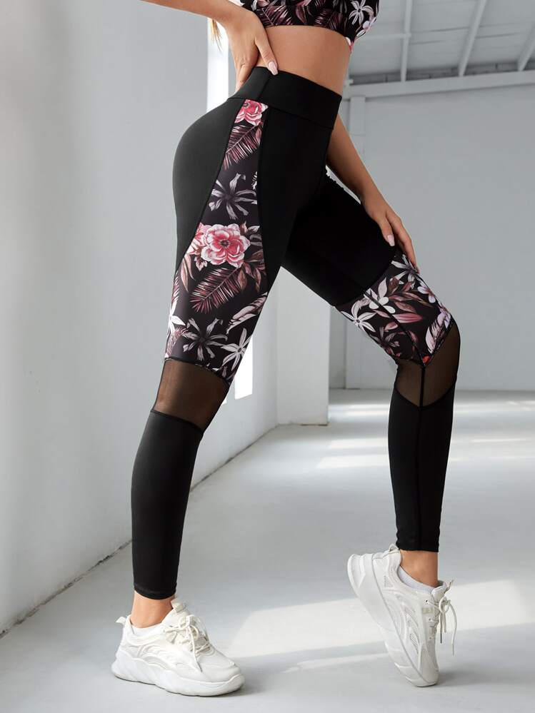 Easithlete Leggings deportivos con estampado floral de malla - Negro - Añade 1
