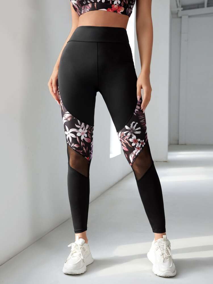 Easithlete Leggings deportivos con estampado floral de malla - Negro - Añade 4