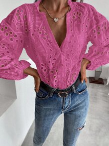 Aveloria 素色網眼刺繡缺口V領襯衫