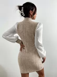 SHEIN Privé Bishop Sleeve Ribbed Stand Collar Dress - Apricot - View 2