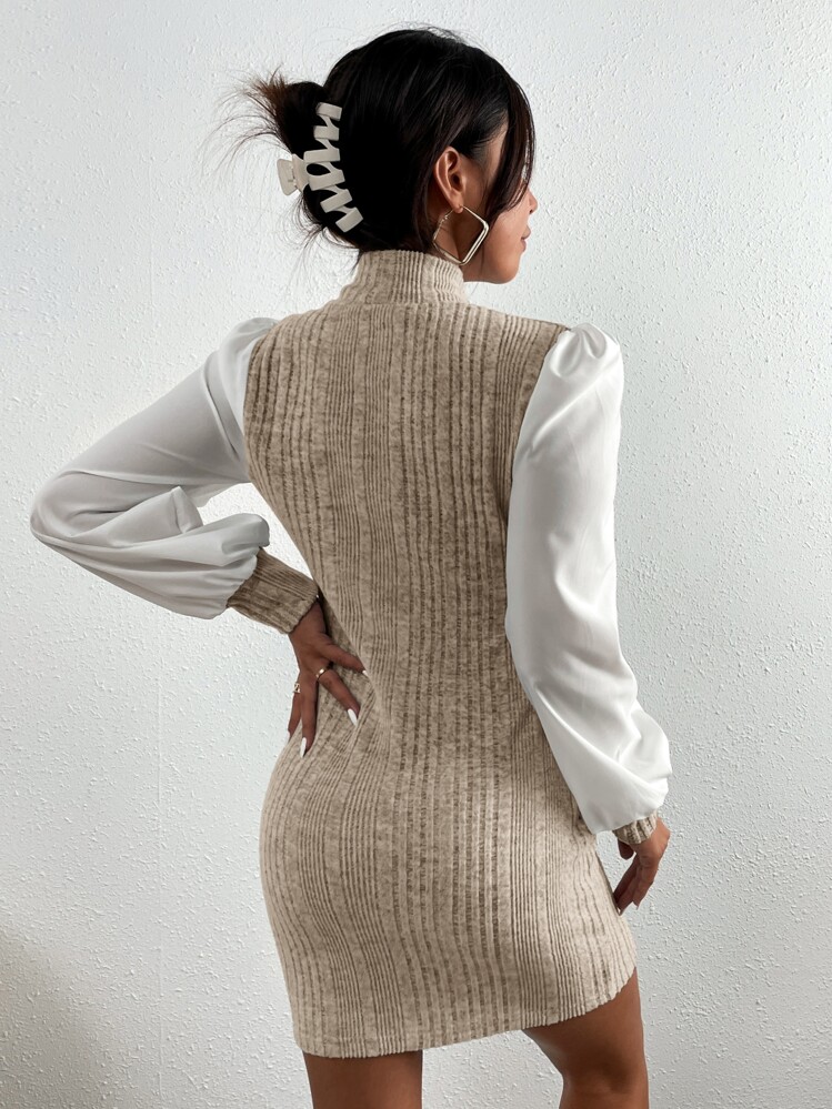 SHEIN Privé Bishop Sleeve Ribbed Stand Collar Dress - Apricot - View 2