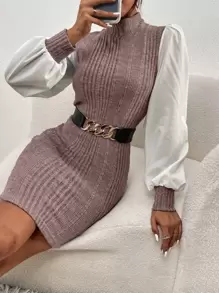 SHEIN Privé Vestido de manga obispo de canalé de cuello alzado - Rosa vieja - Ver 1