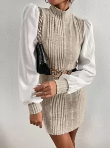 SHEIN Privé Bishop Sleeve Ribbed Stand Collar Dress - Apricot - View 3