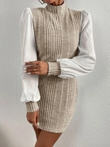 SHEIN Privé Bishop Sleeve Ribbed Stand Collar Dress - Apricot - View 4