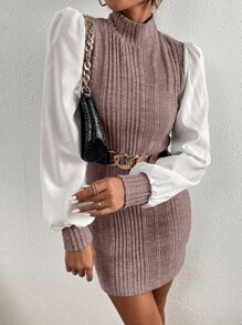 SHEIN Privé Vestido de manga obispo de canalé de cuello alzado - Rosa vieja - Ver 3