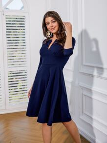 胸部褶皺V型缺口洋裝 - 藏蓝色 - 查看 3