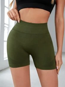 Easithlete 無縫高彈力緊縮褶皺臀部運動短褲 - 軍綠色 - 查看 3