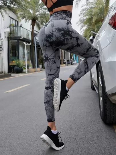 無縫高彈力紮染寬腰帶運動打底褲