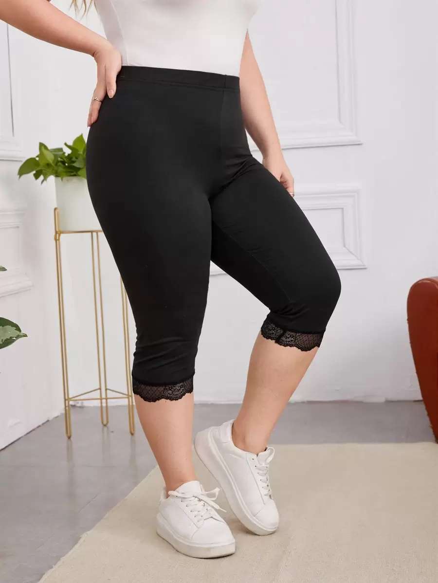 EMERY ROSE Plus Lace Trim Elastic Waist Leggings - Black - View 1