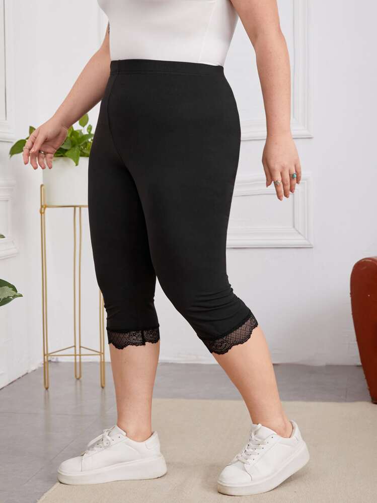 EMERY ROSE Plus Lace Trim Elastic Waist Leggings - Black - View 3
