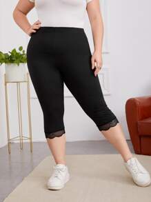 EMERY ROSE Plus Lace Trim Elastic Waist Leggings - Black - View 5