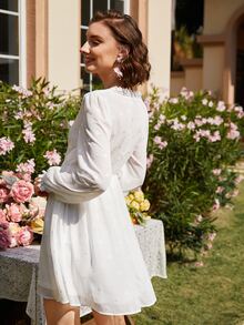 SHEIN 愛心刺繡燈籠袖連衣裙 - 白色 - 查看 3