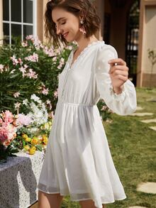 SHEIN 愛心刺繡燈籠袖連衣裙 - 白色 - 查看 5