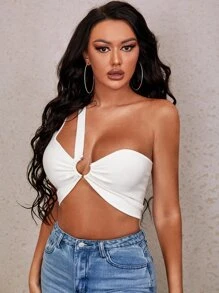SHEIN SXY One Shoulder O-ring Detail Knit Top - White - View 1