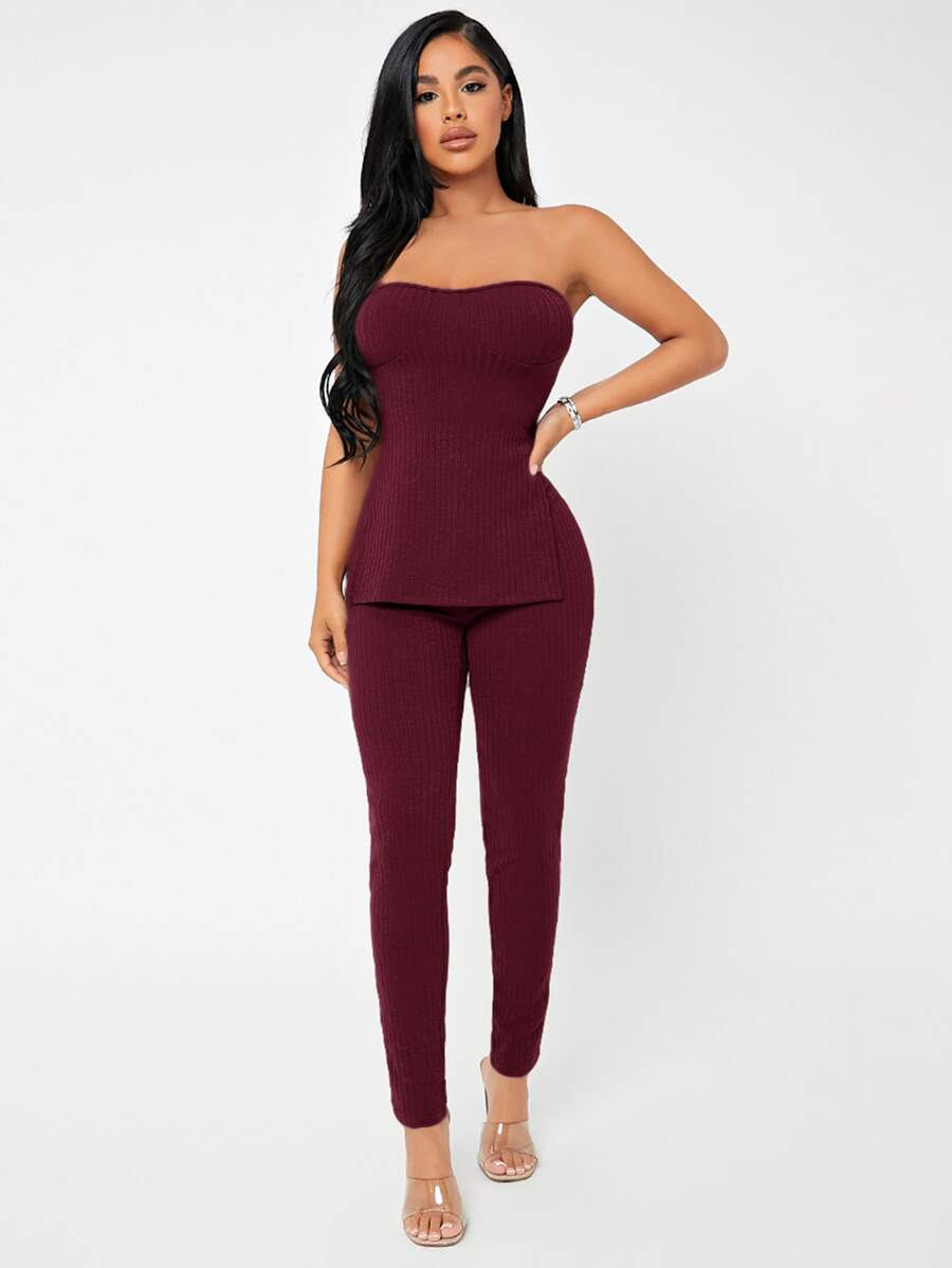 SHEIN SXY Rib-knit M-slit Tube Top & Leggings Set - Maroon - View 1