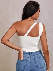 SHEIN SXY One Shoulder O-ring Detail Knit Top - White - View 2