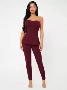 SHEIN SXY Rib-knit M-slit Tube Top & Leggings Set - Maroon - View 3