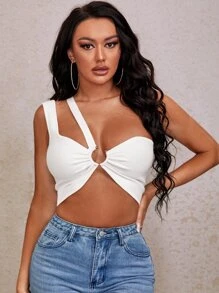 SHEIN SXY One Shoulder O-ring Detail Knit Top - White - View 3