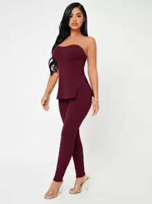SHEIN SXY Rib-knit M-slit Tube Top & Leggings Set - Maroon - View 4