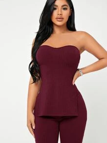 SHEIN SXY Rib-knit M-slit Tube Top & Leggings Set - Maroon - View 5