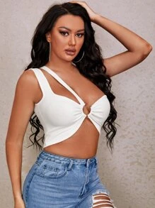 SHEIN SXY One Shoulder O-ring Detail Knit Top - White - View 5