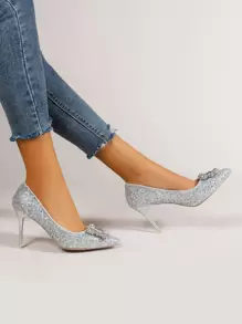 Zapatos de tacón brillante con diseño de diamante de imitación con tacón delgado - Plateado - Ver 1