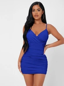 SHEIN PETITE 交疊領褶邊網紗緊身連衣裙 - 寶藍色 - 查看 1