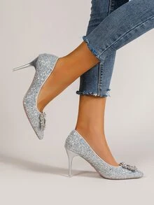 Zapatos de tacón brillante con diseño de diamante de imitación con tacón delgado - Plateado - Ver 2