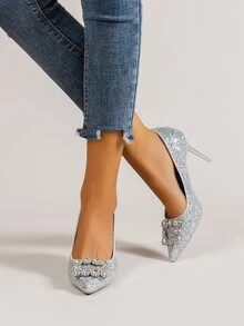Zapatos de tacón brillante con diseño de diamante de imitación con tacón delgado - Plateado - Ver 3