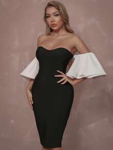 Off Shoulder Butterfly Sleeve Bandage Dress - Black - View 5