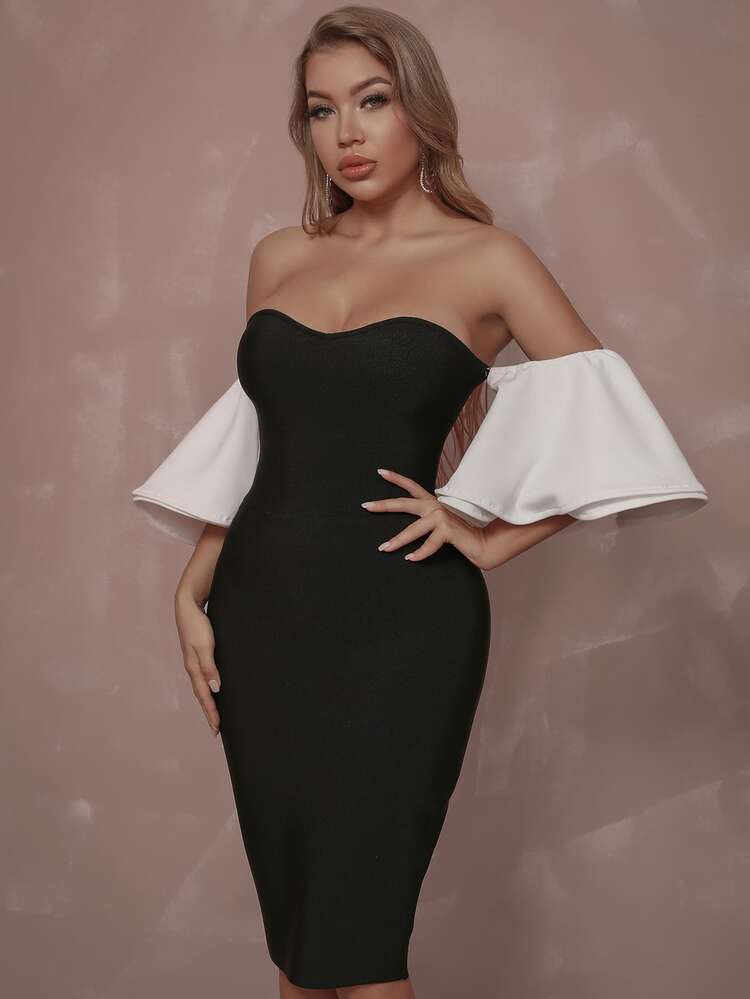 Off Shoulder Butterfly Sleeve Bandage Dress - Black - View 5
