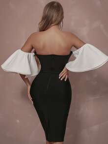 Off Shoulder Butterfly Sleeve Bandage Dress - Black - View 2