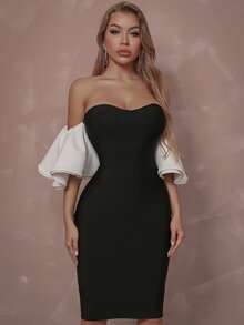 Off Shoulder Butterfly Sleeve Bandage Dress - Black - View 3