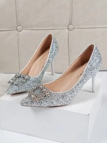 Zapatos de tacón brillante con diseño de diamante de imitación con tacón delgado - Plateado - Ver 4