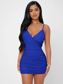 SHEIN PETITE 交疊領褶邊網紗緊身連衣裙 - 寶藍色 - 查看 3