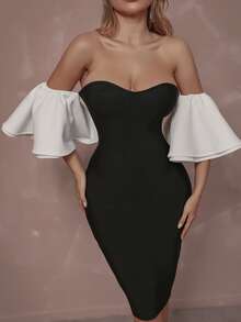 Off Shoulder Butterfly Sleeve Bandage Dress - Black - View 4