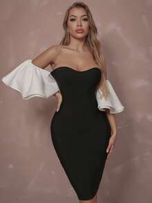Off Shoulder Butterfly Sleeve Bandage Dress - Black - View 6