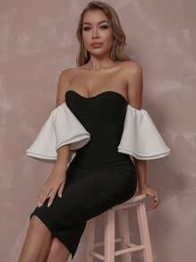 Off Shoulder Butterfly Sleeve Bandage Dress - Black - View 1